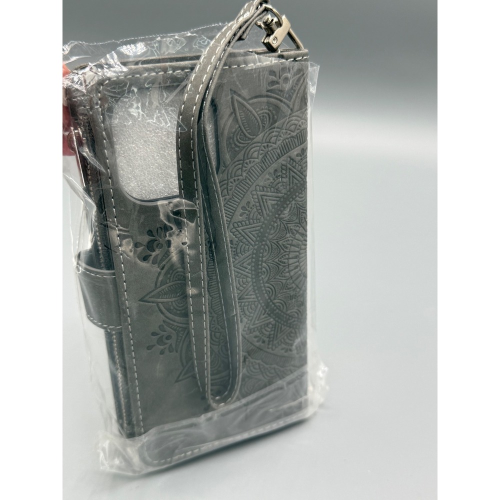 Grey Mandala Embossed Wallet Case for iPhone 13 Pro Max with Zipper & Wristlet